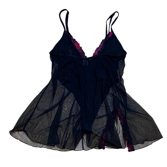 90s/Y2K Fredricks of Hollywood Black Sheer Babydoll Lingerie With Bright Pink Fl - Picture 2 of 9